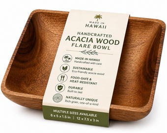 Made in Hawaii Acacia Wood Bowl | Handcrafted Rectangular Flared Serving Dish | Eco-Friendly Wooden Kitchen Decor | Multiple Sizes