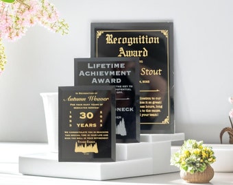 Black Glass Award Plaques, Customizable Awards, Employee Awards, Mirrored Glass Trophies, Award Plaque, Custom Award and Trophies, NO FEE