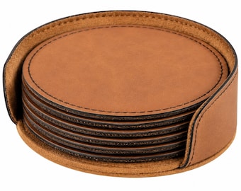 Faux Leather Coasters (Set of 6) – 4″ Round Drink Coasters, Table Protection in Multiple Colors & Sports Designs