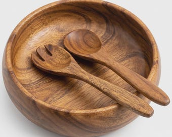 Handcrafted Hawaiian Acacia Wood Salad Bowl Set – 10” Wooden Serving Bowl with Servers – Eco-Friendly Kitchen Gift