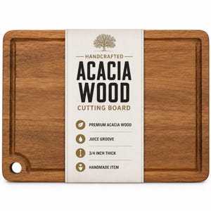 Tabla de cortar de madera de acacia hecha a mano para charcutería – Tabla de cortar de cocina ecológica con ranura para jugos y orificio para colgar. 3 tamaños disponibles.
