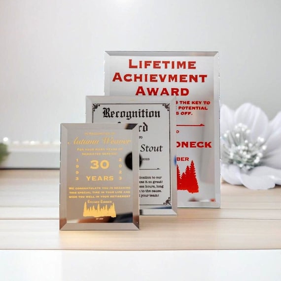Award Glass Plaques, Customizable Awards, Employee Awards, Mirrored Glass Trophies, Engraved Award Plaque, Custom Award and Trophies, NO FEE