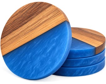 Handcrafted Resin & Acacia Wood Coasters, 4 Inch Set of 4, Pearl White or Blue, Square or Round, Handmade Table Decor