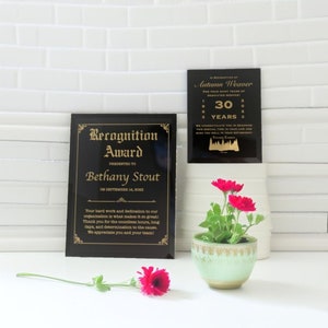 Pu&ograve; includere: Una targa nera con lettere dorate recita "Recognition Award" consegnato a Bethany Stout il 14 settembre 2003. La targa &egrave; su una superficie piastrellata bianca con una piccola pianta in vaso con fiori rosa di fronte. Una seconda targa nera con lettere dorate &egrave; visibile dietro la pianta.