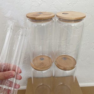 25-pack Sublimation Clear/Frosted 16oz Glass Can with Bamboo Lid and Straw |Beer Can Glass |Iced Coffee Glass | Blank Tumbler