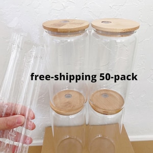 FREE SHIPPING- 50-pack Sublimation Clear/Frosted 16oz Glass Can with Bamboo Lid and Straw |Beer Can Glass |Iced Coffee Glass | Blank Tumbler