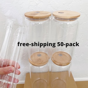 8/12 Pack Sublimation Glass Cups with Bamboo Lid Frosted Glass Beer