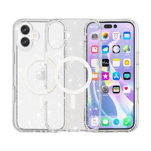 Op de afbeelding: Een transparante telefoonhoes met een glinsterend glitterontwerp. De hoes heeft een ingebouwde ringhouder en is compatibel met iPhone-modellen. De hoes wordt getoond met een mock-up van een iPhone-scherm waarop een kalender-app wordt weergegeven.