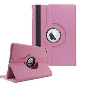 May include: Pink leather case for an iPad with a rotating stand and a black elastic band.