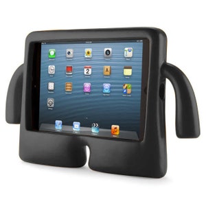 May include: Black protective case for an iPad with a built-in stand and handles. The iPad screen shows a variety of apps, including the clock, calendar, and music.