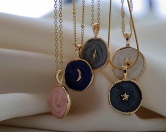 18K Gold Medallion Crescent Moon Heart Coin Lightning Necklace/Minimalist Waterproof Chain Gift For Girlfriend Astrology Circle Her Necklace
