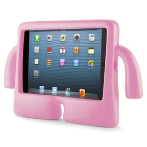 May include: Pink protective case for an iPad with a built-in stand. The case has a cartoon elephant design with large ears and a trunk.