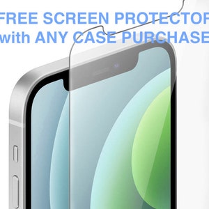 May include: A white smartphone with a clear screen protector. The phone has a black bezel and a black camera lens. The text "FREE SCREEN PROTECTOR with ANY CASE PURCHASE" is displayed at the top of the image.
