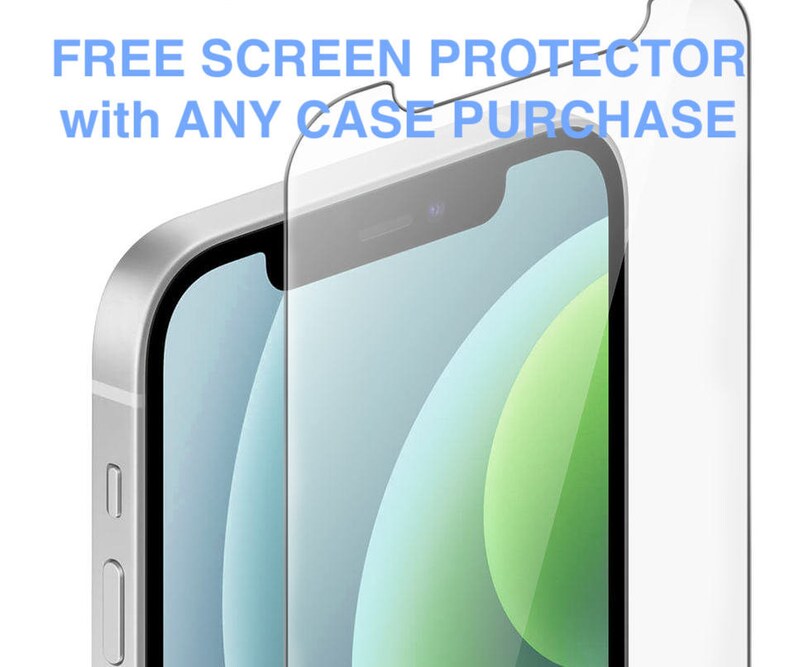 May include: A white smartphone with a clear screen protector. The phone has a black bezel and a black camera lens. The text "FREE SCREEN PROTECTOR with ANY CASE PURCHASE" is displayed at the top of the image.