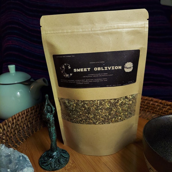 Sweet Oblivion Tea - Hypnotic Blend for Sweet Dreams and Restful Sleep, Calming Loose Leaf Organic Handmade Herbal Tea w Mugwort & Skullcap