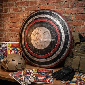 May include: A large, round shield with a distressed metal finish, featuring concentric rings of red, black, and silver. Comic books, a helmet, gloves, and a tactical vest are also visible, suggesting a superhero theme.