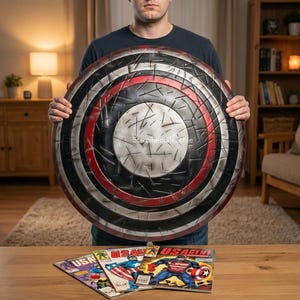May include: A large, circular shield with a distressed metal finish, featuring concentric rings of black, red, and silver. Several comic books with the title "USAgent" are on a wooden surface. The shield is held by a person.
