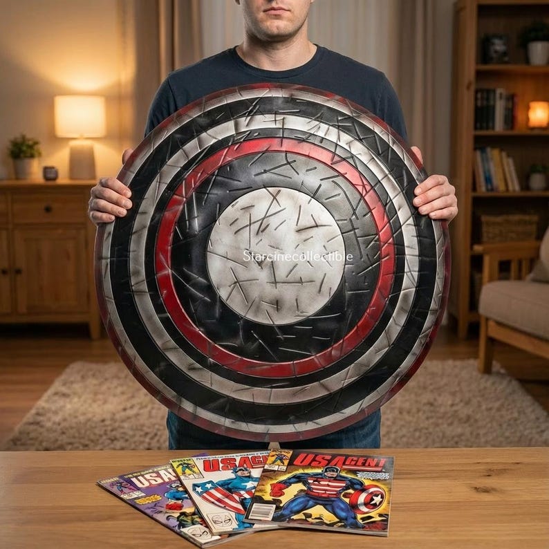 May include: A large, circular shield with a distressed metal finish, featuring concentric rings of black, red, and silver. Several comic books with the title "USAgent" are on a wooden surface. The shield is held by a person.