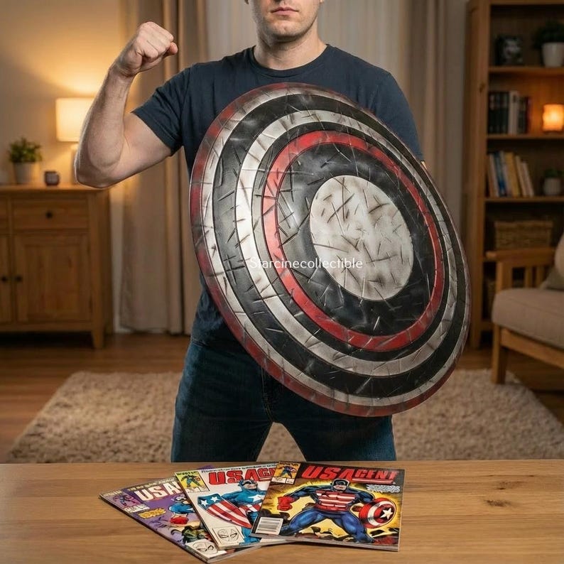 May include: A large, round shield with a distressed finish, featuring concentric circles in black, red, and white. The shield is held by a person. Comic books with the text "USA AGENT" are on a wooden table.