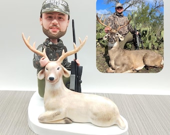 Custom Hunter + Deer Bobblehead , Handcrafted Clay Hunting 3D Sculpture ,Gift for Hunters.