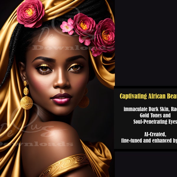 Captivating African Beauty III: Immaculate Dark Skin, Radiant Gold Tones and Soul-Penetrating Eyes. AI-Created fine-tuned & enhanced by hand