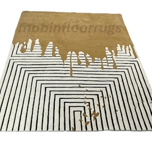 Modern Hand-Tufted Wool Rug, Handmade Abstract Area Rug, Floor Covering Floor Rug, Beige and Black Area Rug, Contemporary Living Room Carpet