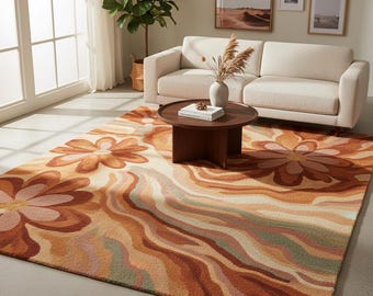 Hand Tufted 70s Retro Floral Rug Orange Brown Groovy Wavy Area Rug Mid Century Modern Large Wool Rug Aesthetic Boho Living Room Rug 8x10