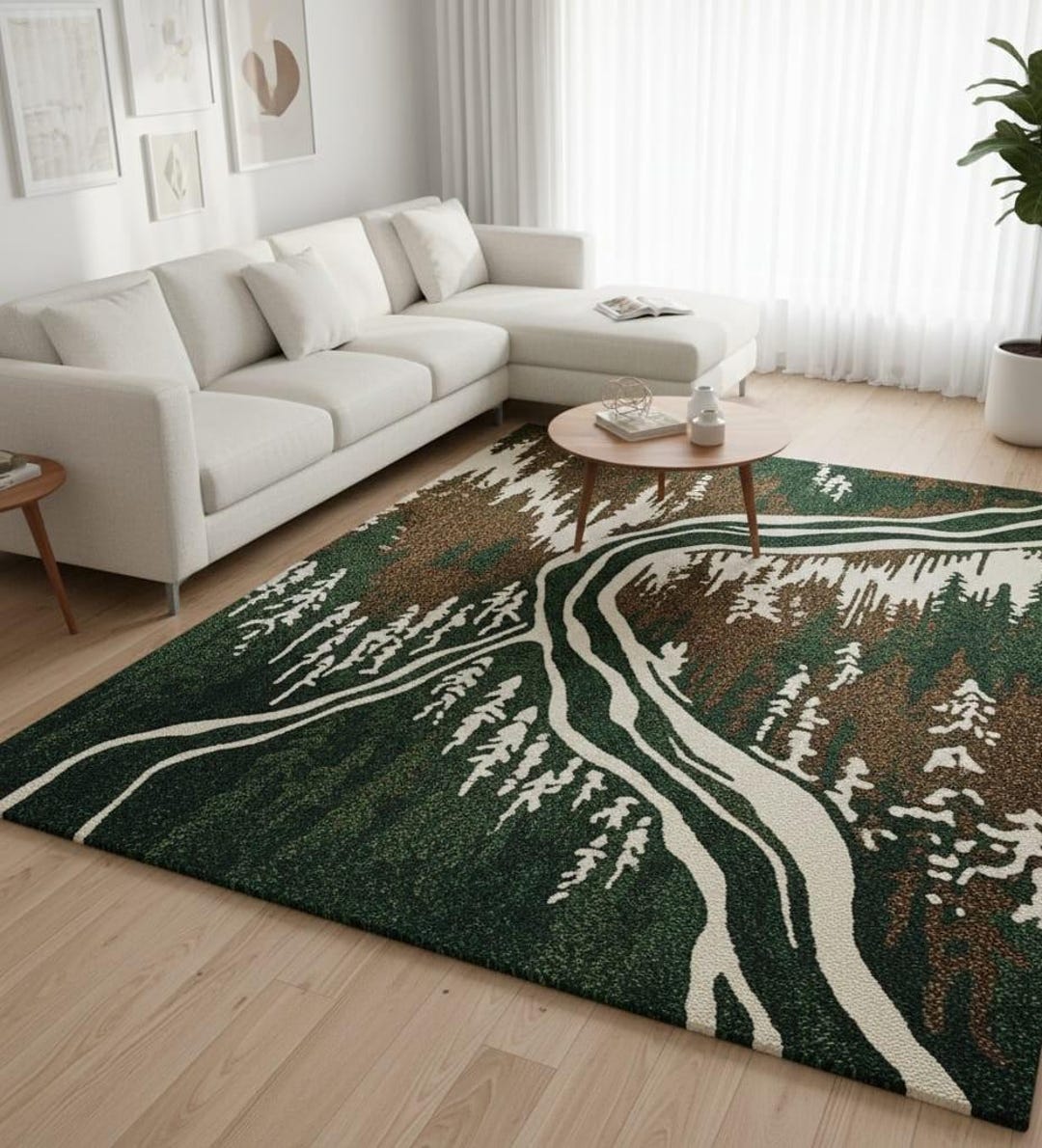 Hand Tufted Forest Landscape Rug Green Mountain Scenic Area Rug Pine ...