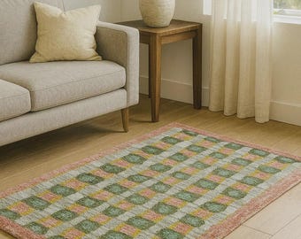 Alfombra tejida a mano, alfombra de estilo rústico, alfombra a cuadros verde salvia y rosa, alfombra decorativa retro, alfombra de lana hecha a mano