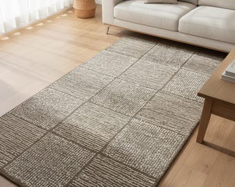 Geruite mat, beige wollen katoen, handgetuft, geometrisch patroon, 12 maten