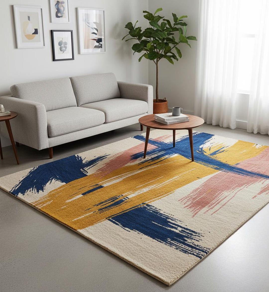 Hand Tufted Abstract Brushstroke Rug Colorful Modern Art Area Rug Blue ...