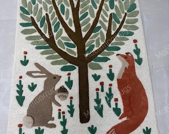 Hand Tufted Rug, Rabbit Fox Nursery Rug, Forest Theme Area Rug, Kids Room Décor, Custom Size Rug