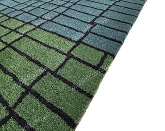 Handtuftad ullmatta: Modern blågrön geometrisk matta