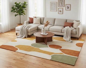 Hand Tufted Wool Area Rug, Modern Organic Abstract, Beige Terracotta Living Room Décor