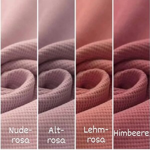 May include: Four fabric swatches in different shades of pink, from light to dark. The swatches are labeled "Nude-rosa", "Alt-rosa", "Lehm-rosa", and "Himbeere".