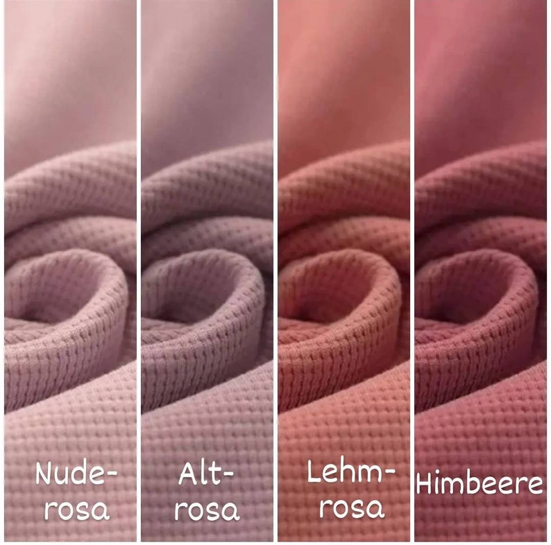 May include: Four fabric swatches in different shades of pink, from light to dark. The swatches are labeled "Nude-rosa", "Alt-rosa", "Lehm-rosa", and "Himbeere".