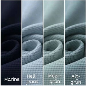 May include: Four fabric swatches in different shades of blue and green. The swatches are labeled "Marine", "Hell-jeans", "Meer-gr&uuml;n", and "Alt-gr&uuml;n".