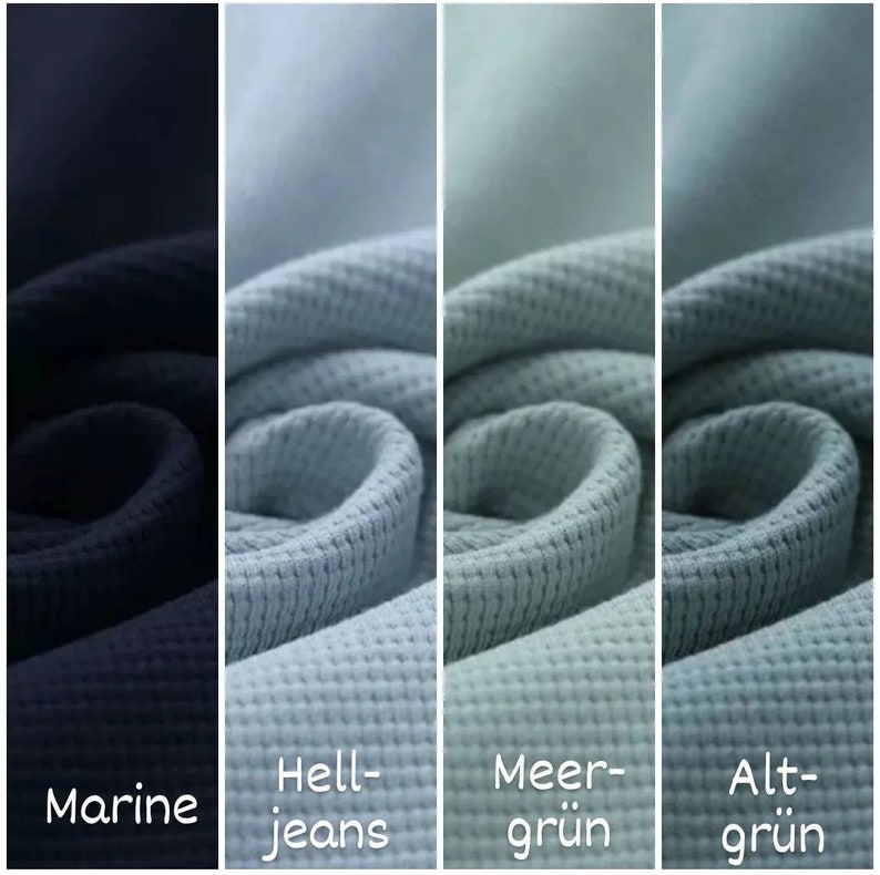 May include: Four fabric swatches in different shades of blue and green. The swatches are labeled "Marine", "Hell-jeans", "Meer-gr&uuml;n", and "Alt-gr&uuml;n".