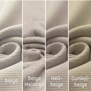May include: Four fabric swatches in different shades of beige. The swatches are labeled "Beige", "Beige Melange", "Hell-beige", and "Dunkel-beige".