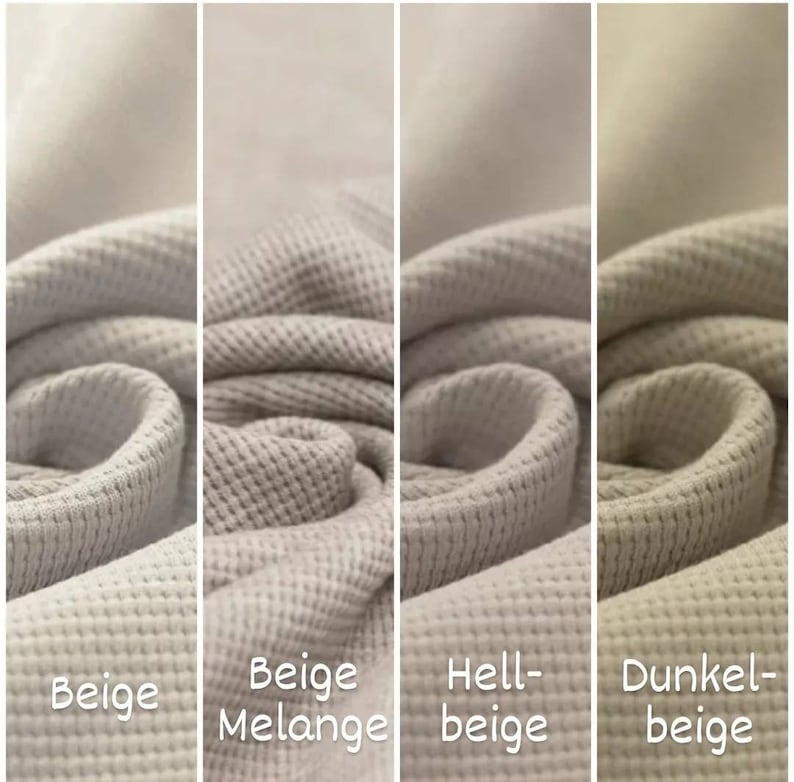 May include: Four fabric swatches in different shades of beige. The swatches are labeled "Beige", "Beige Melange", "Hell-beige", and "Dunkel-beige".