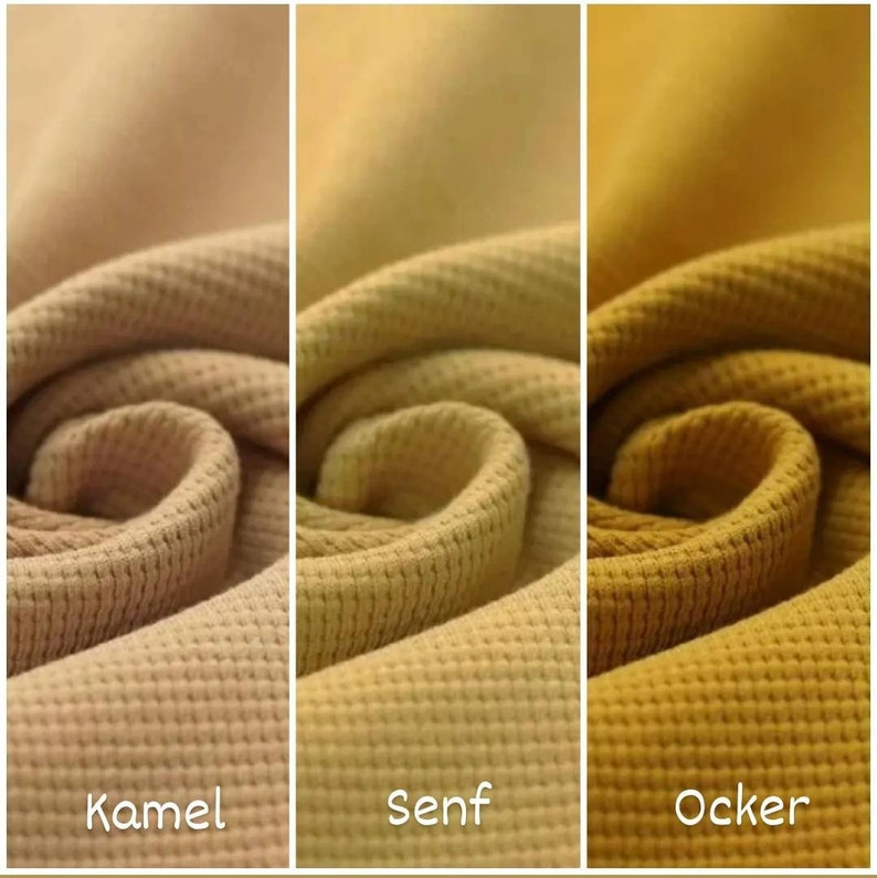 May include: Three fabric swatches in different shades of brown. The swatches are labeled "Kamel", "Senf", and "Ocker".