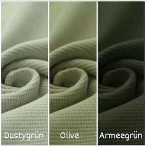 May include: Three fabric swatches in different shades of green: dusty green, olive, and army green. The fabric is a waffle weave.