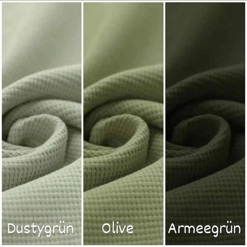 May include: Three fabric swatches in different shades of green: dusty green, olive, and army green. The fabric is a waffle weave.