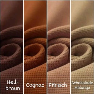 May include: Four fabric swatches in different shades of brown:  hell-braun, cognac, pfirsich, and schokolade melange.