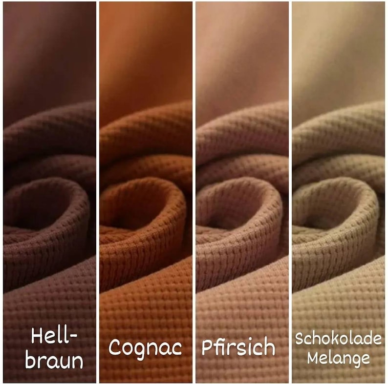 May include: Four fabric swatches in different shades of brown:  hell-braun, cognac, pfirsich, and schokolade melange.