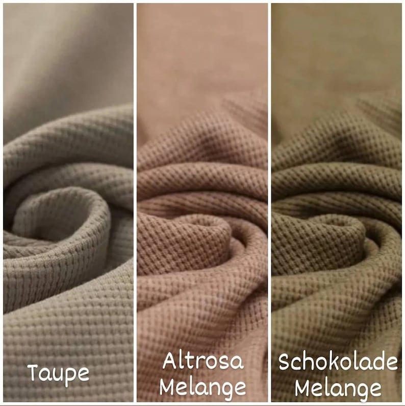 May include: Three fabric swatches in different shades of brown. The swatches are a waffle knit texture. The swatches are labeled "Taupe", "Altroasa Melange", and "Schokolade Melange".
