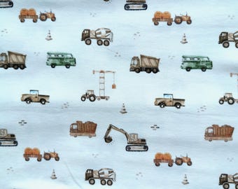Cotton jersey, construction vehicles, sold by the meter from 0.5 m