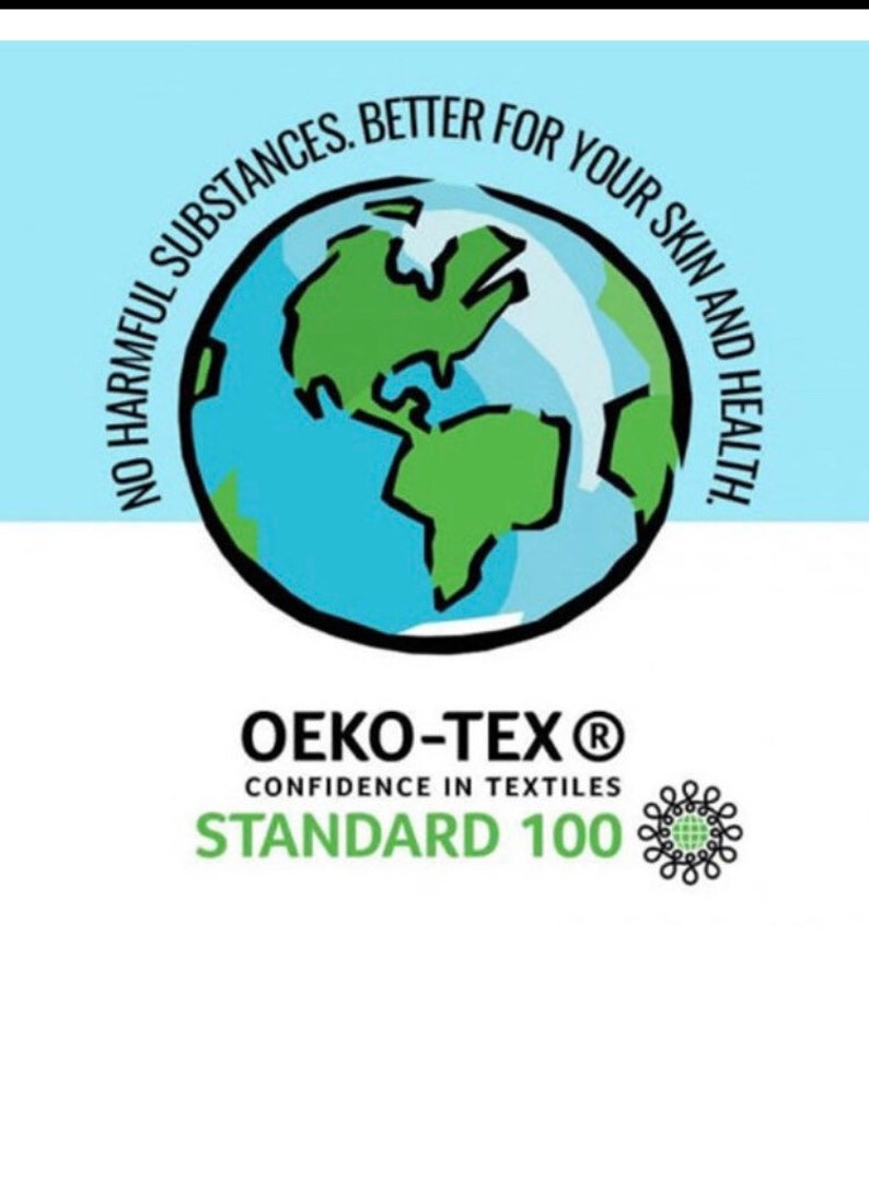 May include: A green and blue globe with the text "NO HARMFUL SUBSTANCES. BETTER FOR YOUR SKIN AND HEALTH." around it. Below the globe is the text "OEKO-TEX&reg; CONFIDENCE IN TEXTILES STANDARD 100" with a green and black circular logo.