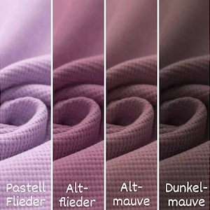 May include: Four fabric swatches in different shades of purple, from light to dark. The swatches are labeled "Pastell Flieder", "Alt-flieder", "Alt-mauve", and "Dunkel-mauve".