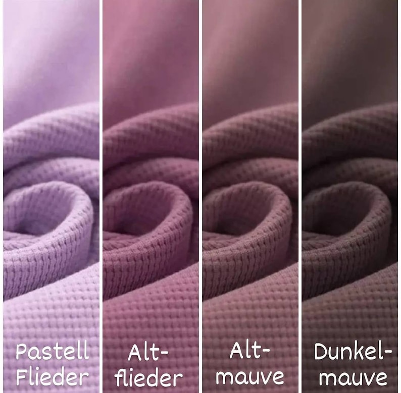 May include: Four fabric swatches in different shades of purple, from light to dark. The swatches are labeled "Pastell Flieder", "Alt-flieder", "Alt-mauve", and "Dunkel-mauve".